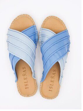 Isleñas Criss Cross Slides Sandals Wavy Blue Women's US 7 Jute Slip On $165